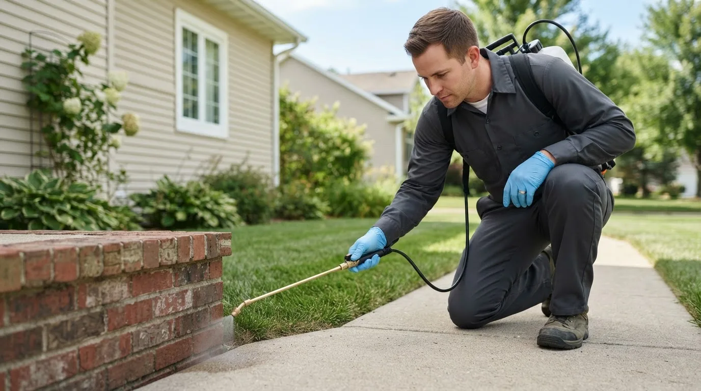 Pest control technician treating a home near Mcfarlan, NC