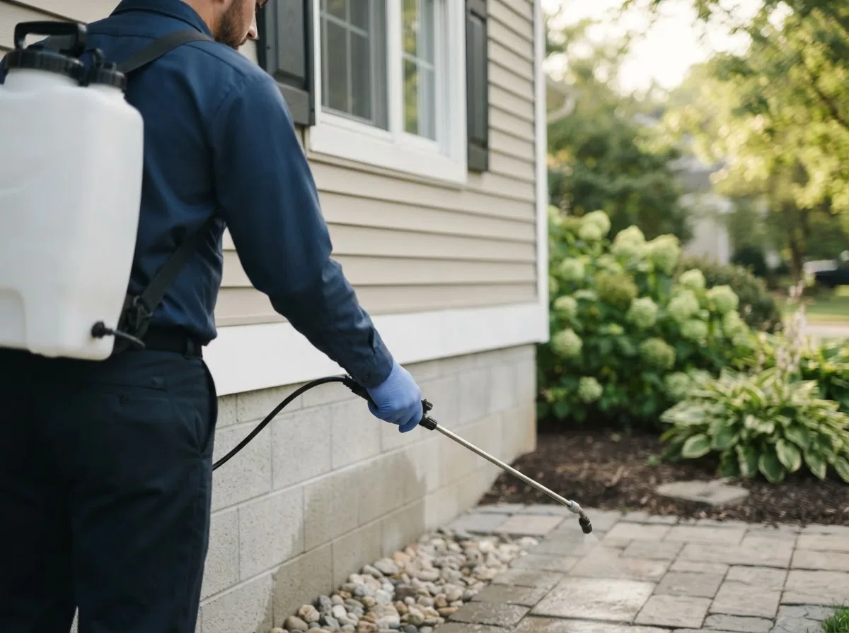 Pest control technician inspecting a home in Mcfarlan, NC